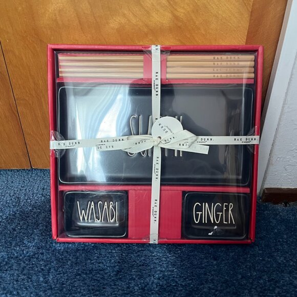 Rae Dunn White Sushi Set Wasabi Ginger Dip Bowls Chopsticks Serving Tray Platter - Picture 1 of 2